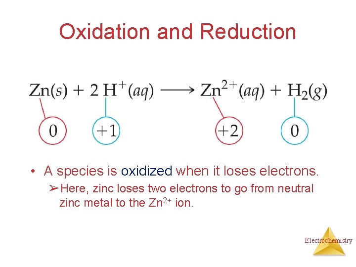 Oxidation and Reduction • A species is oxidized when it loses electrons. ➢Here, zinc