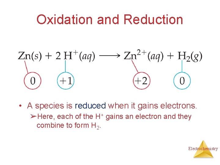 Oxidation and Reduction • A species is reduced when it gains electrons. ➢Here, each