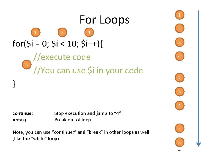 For Loops 1 2 4 for($i = 0; $i < 10; $i++){ //execute code