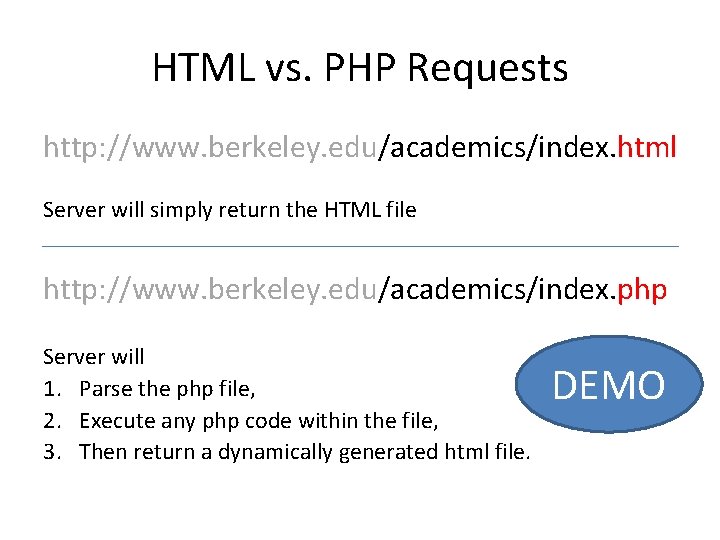 HTML vs. PHP Requests http: //www. berkeley. edu/academics/index. html Server will simply return the