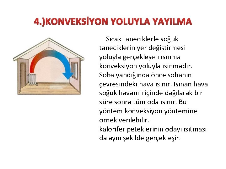 4. )KONVEKSİYON YOLUYLA YAYILMA Sıcak taneciklerle soğuk taneciklerin yer değiştirmesi yoluyla gerçekleşen ısınma konveksiyon 4. )KONVEKSİYON YOLUYLA YAYILMA Sıcak taneciklerle soğuk taneciklerin yer değiştirmesi yoluyla gerçekleşen ısınma konveksiyon