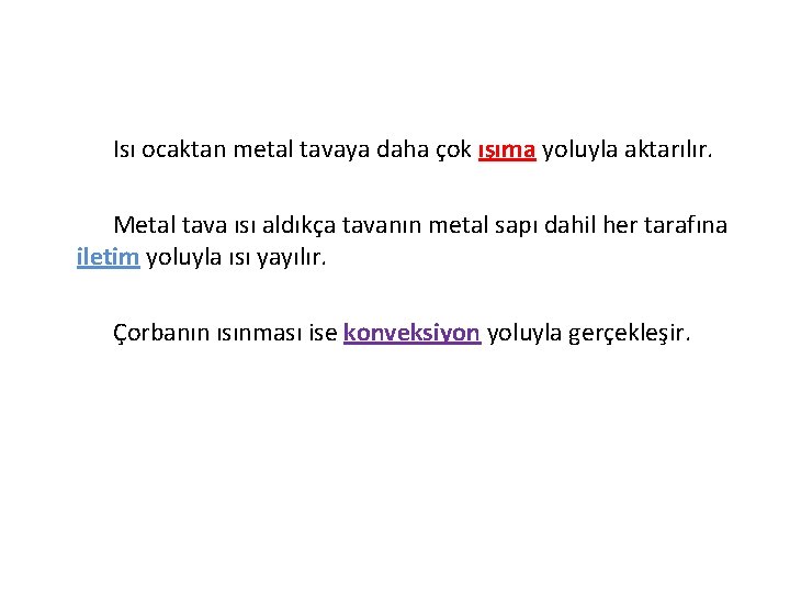 Isı ocaktan metal tavaya daha çok ışıma yoluyla aktarılır. Metal tava ısı aldıkça tavanın