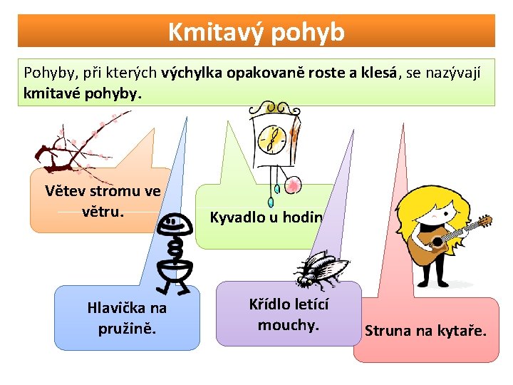 Kmitavý pohyb Pohyby, při kterých výchylka opakovaně roste a klesá, se nazývají kmitavé pohyby.