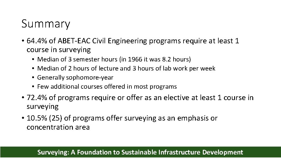 Summary • 64. 4% of ABET-EAC Civil Engineering programs require at least 1 course