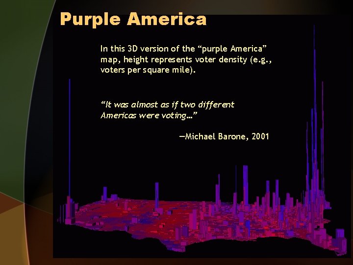 Purple America In this 3 D version of the “purple America” map, height represents