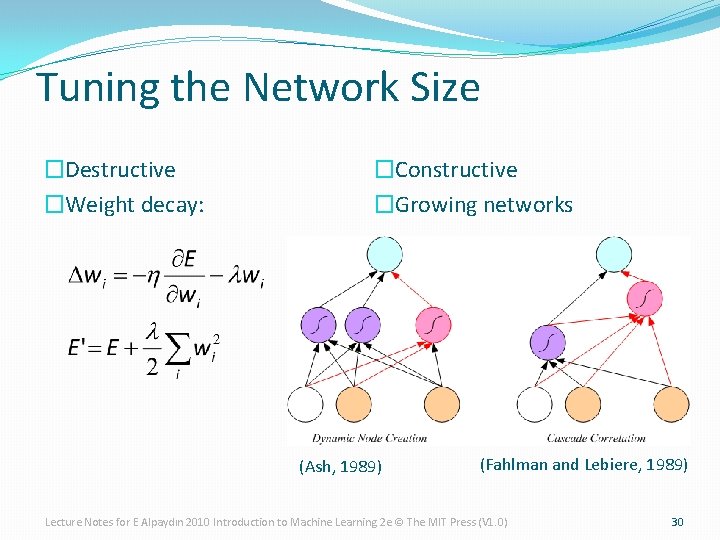 Tuning the Network Size �Destructive �Weight decay: �Constructive �Growing networks (Ash, 1989) (Fahlman and
