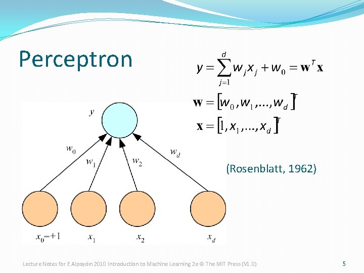 Perceptron (Rosenblatt, 1962) Lecture Notes for E Alpaydın 2010 Introduction to Machine Learning 2