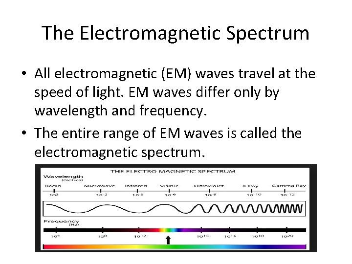 The Electromagnetic Spectrum • All electromagnetic (EM) waves travel at the speed of light.