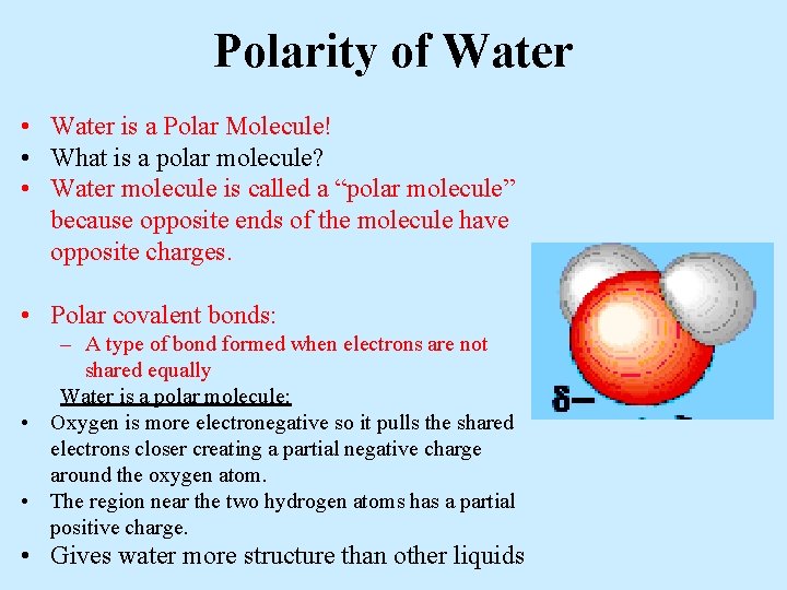 Polarity of Water • Water is a Polar Molecule! • What is a polar
