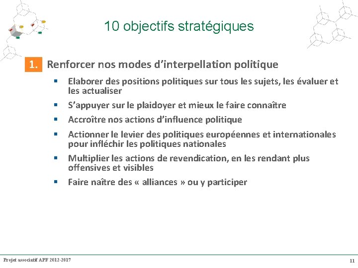 10 objectifs stratégiques 1. Renforcer nos modes d’interpellation politique Elaborer des positions politiques sur