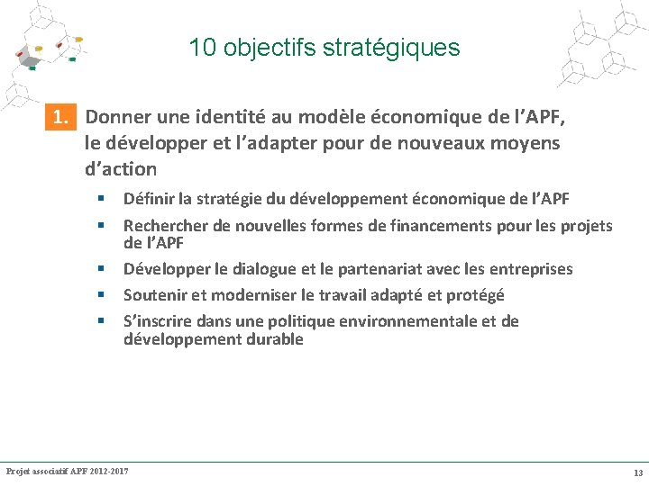 10 objectifs stratégiques 1. Donner une identité au modèle économique de l’APF, le développer