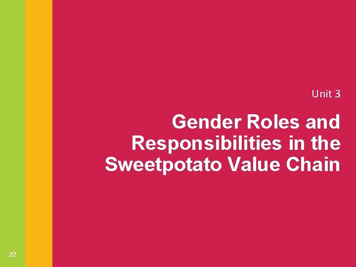 Unit 3 Gender Roles and Responsibilities in the Sweetpotato Value Chain 22 