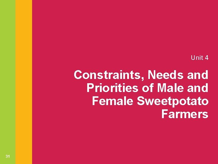 Unit 4 Constraints, Needs and Priorities of Male and Female Sweetpotato Farmers 31 