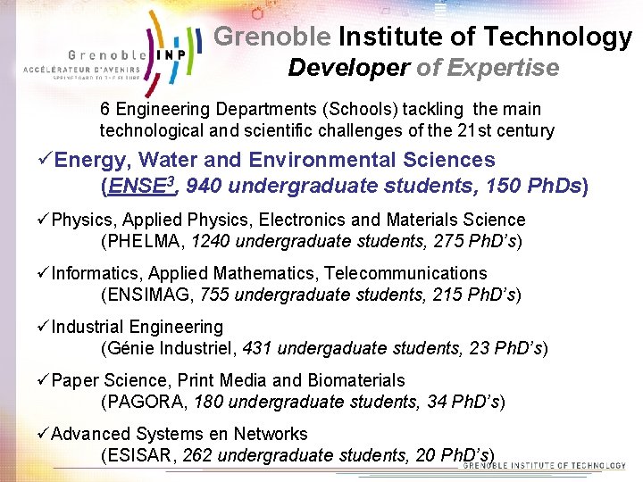 Grenoble Institute of Technology Developer of Expertise 6 Engineering Departments (Schools) tackling the main