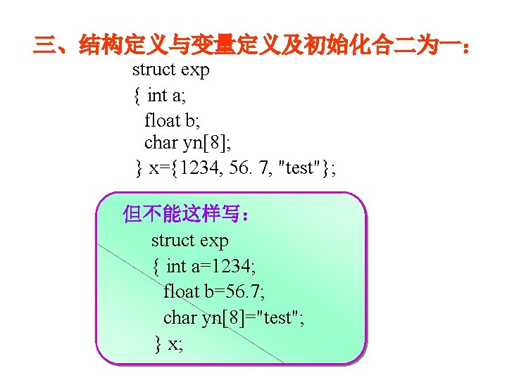 三、结构定义与变量定义及初始化合二为一： struct exp { int a; float b; char yn[8]; } x={1234, 56. 7,