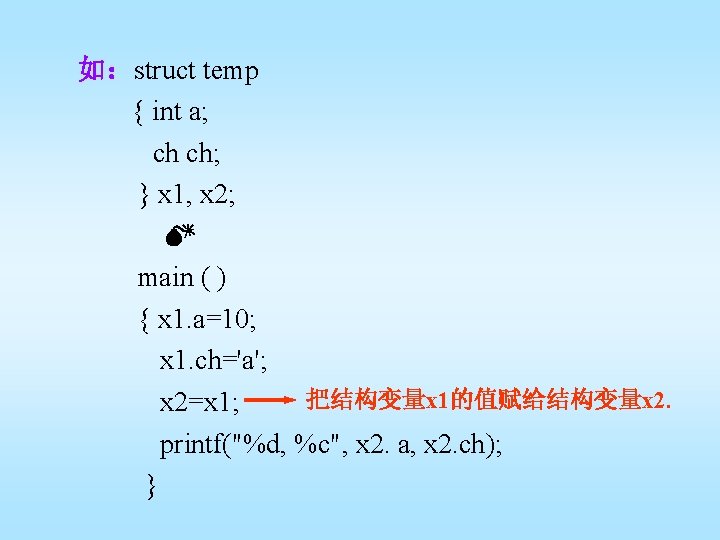 如：struct temp { int a; ch ch; } x 1, x 2; main (