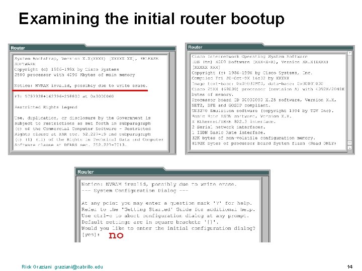 Examining the initial router bootup no Rick Graziani graziani@cabrillo. edu 14 