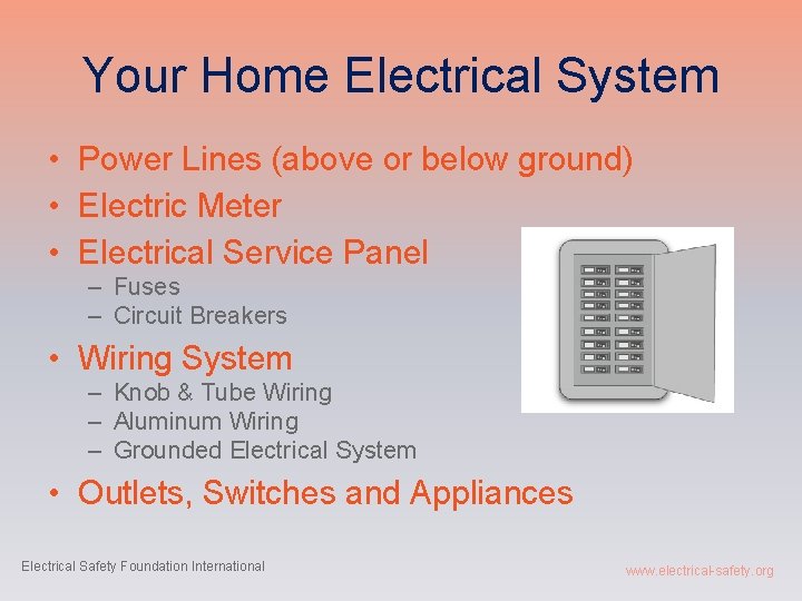 Your Home Electrical System • Power Lines (above or below ground) • Electric Meter