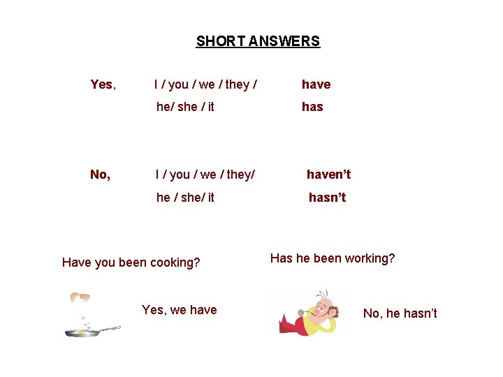 SHORT ANSWERS Yes, No, I / you / we / they / have he/ SHORT ANSWERS Yes, No, I / you / we / they / have he/