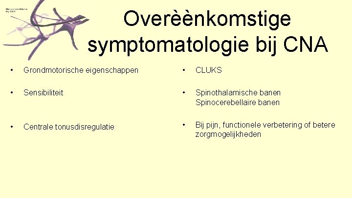 Overèènkomstige symptomatologie bij CNA • Grondmotorische eigenschappen • CLUKS • Sensibiliteit • Spinothalamische banen