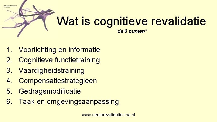 Wat is cognitieve revalidatie “de 6 punten” 1. 2. 3. 4. 5. 6. Voorlichting