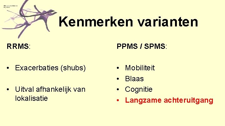 Kenmerken varianten RRMS: PPMS / SPMS: • Exacerbaties (shubs) • • • Uitval afhankelijk