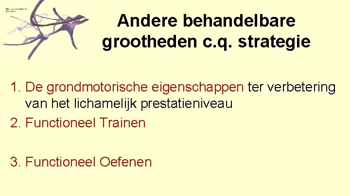 Andere behandelbare grootheden c. q. strategie 1. De grondmotorische eigenschappen ter verbetering van het