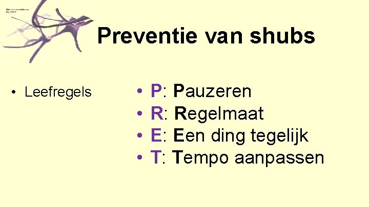 Preventie van shubs • Leefregels • • P: Pauzeren R: Regelmaat E: Een ding