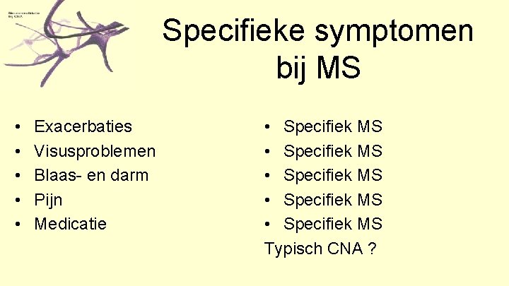 Specifieke symptomen bij MS • • • Exacerbaties Visusproblemen Blaas- en darm Pijn Medicatie