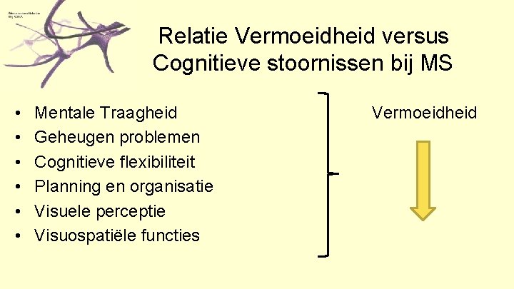 Relatie Vermoeidheid versus Cognitieve stoornissen bij MS • • • Mentale Traagheid Geheugen problemen