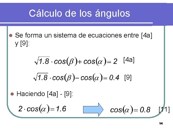 Cálculo de los ángulos l Se forma un sistema de ecuaciones entre [4 a]