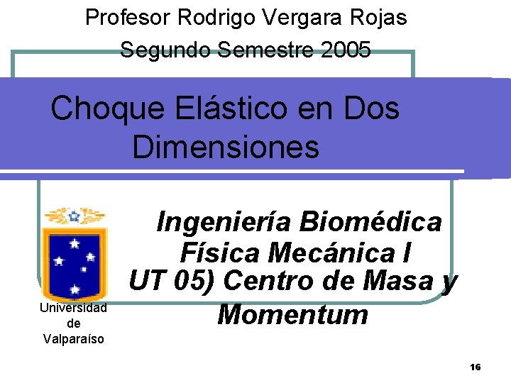 Profesor Rodrigo Vergara Rojas Segundo Semestre 2005 Choque Elástico en Dos Dimensiones Universidad de