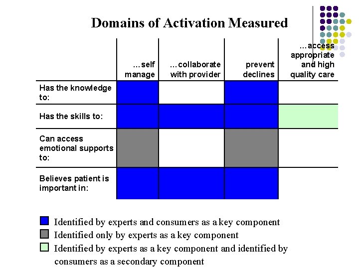 Domains of Activation Measured …self manage …collaborate with provider prevent declines Has the knowledge