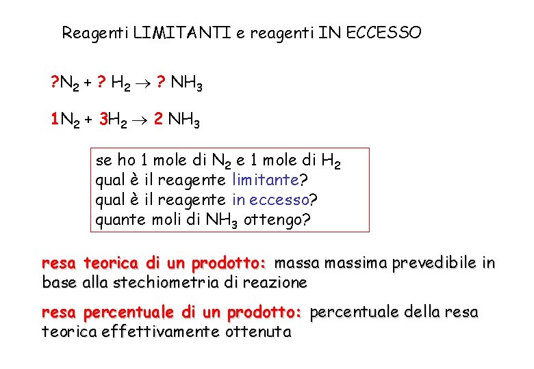 Reagenti LIMITANTI e reagenti IN ECCESSO ? N 2 + ? H 2 ?