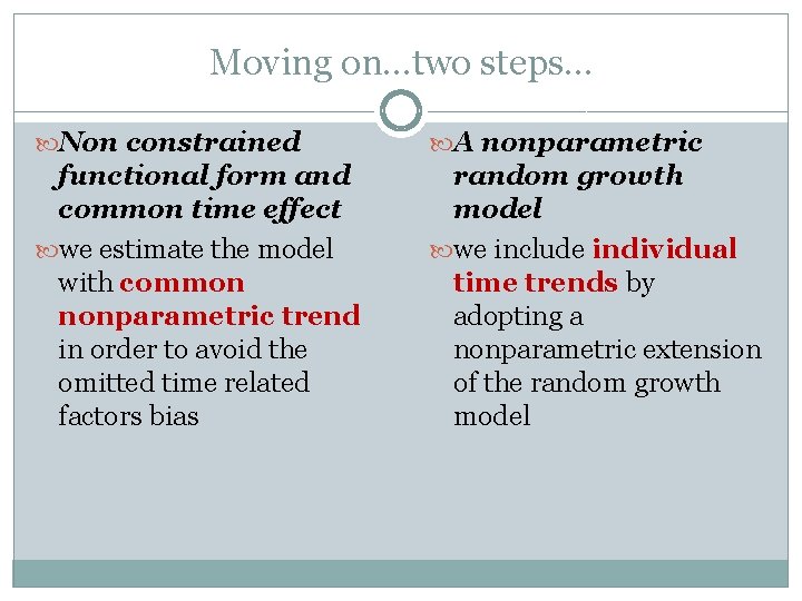 Moving on…two steps… Non constrained A nonparametric functional form and common time effect we