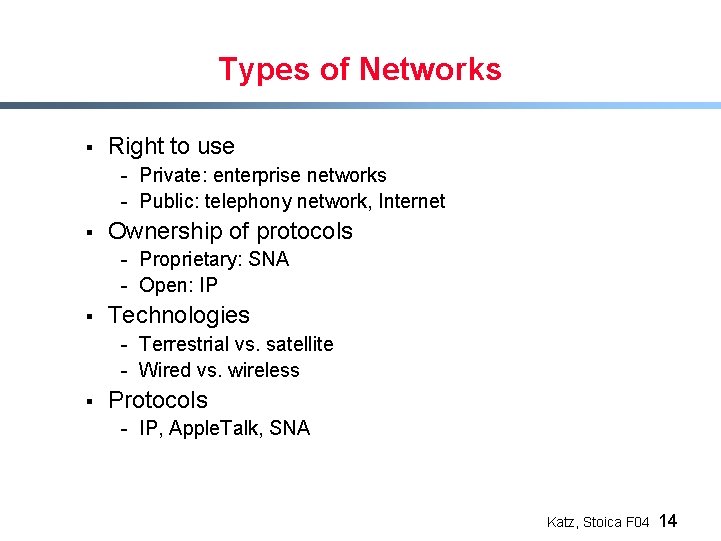 Types of Networks § Right to use - Private: enterprise networks - Public: telephony