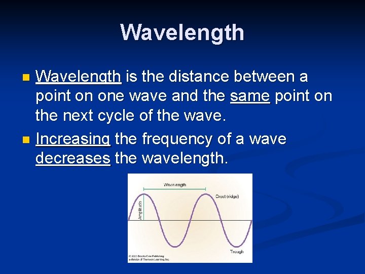 Wavelength is the distance between a point on one wave and the same point