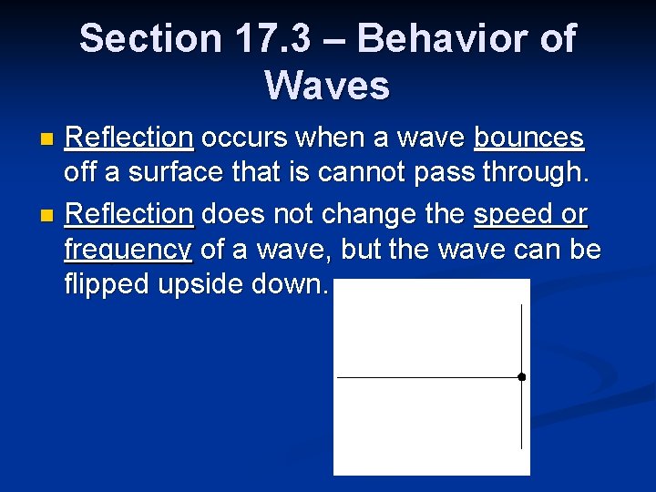 Section 17. 3 – Behavior of Waves Reflection occurs when a wave bounces off