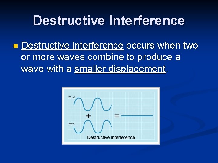 Destructive Interference n Destructive interference occurs when two or more waves combine to produce