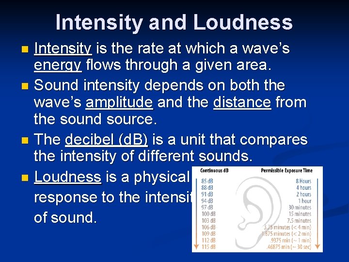 Intensity and Loudness Intensity is the rate at which a wave’s energy flows through