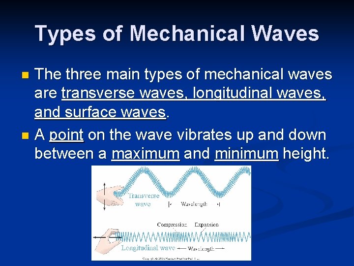 Types of Mechanical Waves The three main types of mechanical waves are transverse waves,