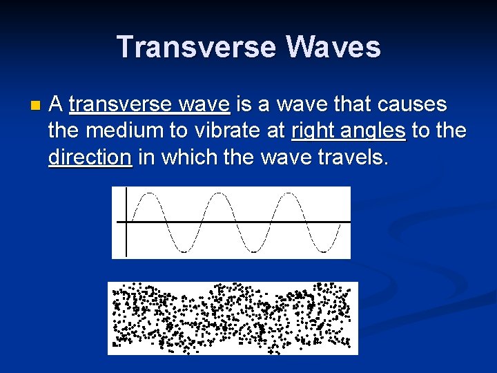 Transverse Waves n A transverse wave is a wave that causes the medium to