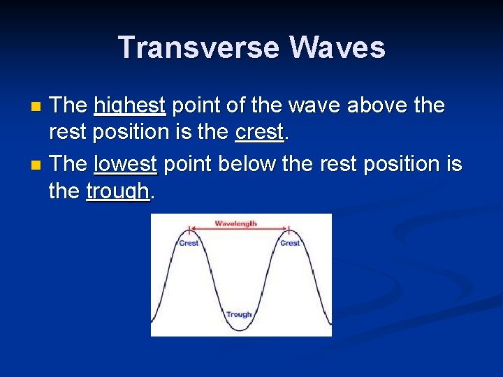 Transverse Waves The highest point of the wave above the rest position is the