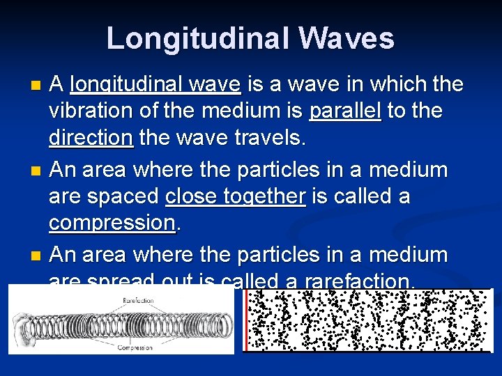 Longitudinal Waves A longitudinal wave is a wave in which the vibration of the