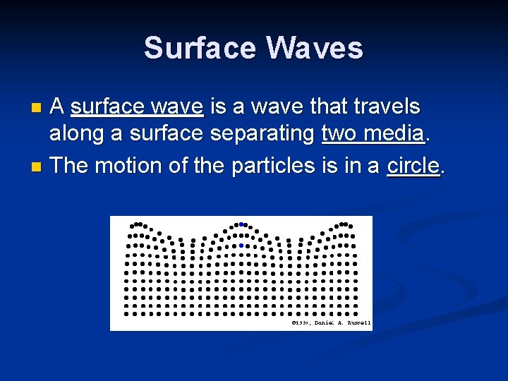 Surface Waves A surface wave is a wave that travels along a surface separating