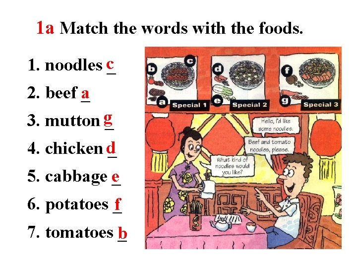 1 a Match the words with the foods. 1. noodles c_ 2. beef a_