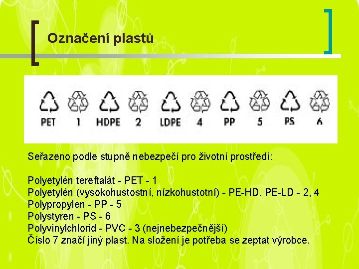 Označení plastů Seřazeno podle stupně nebezpečí pro životní prostředí: Polyetylén tereftalát - PET -