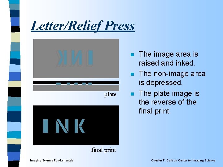 Letter/Relief Press n n plate n The image area is raised and inked. The