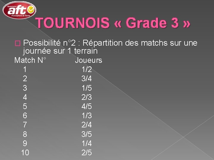 TOURNOIS « Grade 3 » � Possibilité n° 2 : Répartition des matchs sur