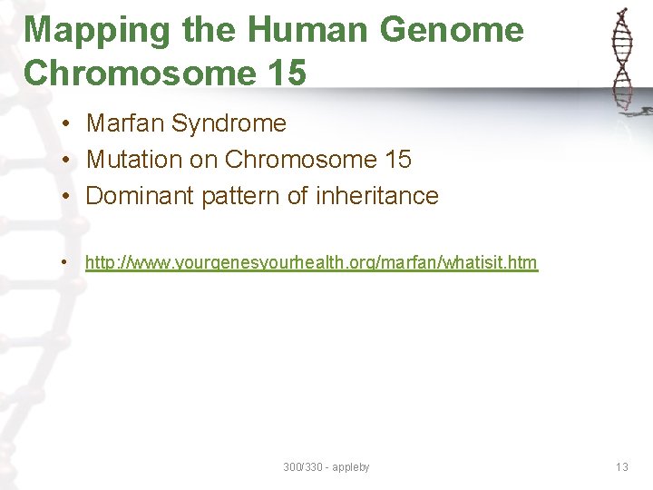 Mapping the Human Genome Chromosome 15 • Marfan Syndrome • Mutation on Chromosome 15 Mapping the Human Genome Chromosome 15 • Marfan Syndrome • Mutation on Chromosome 15